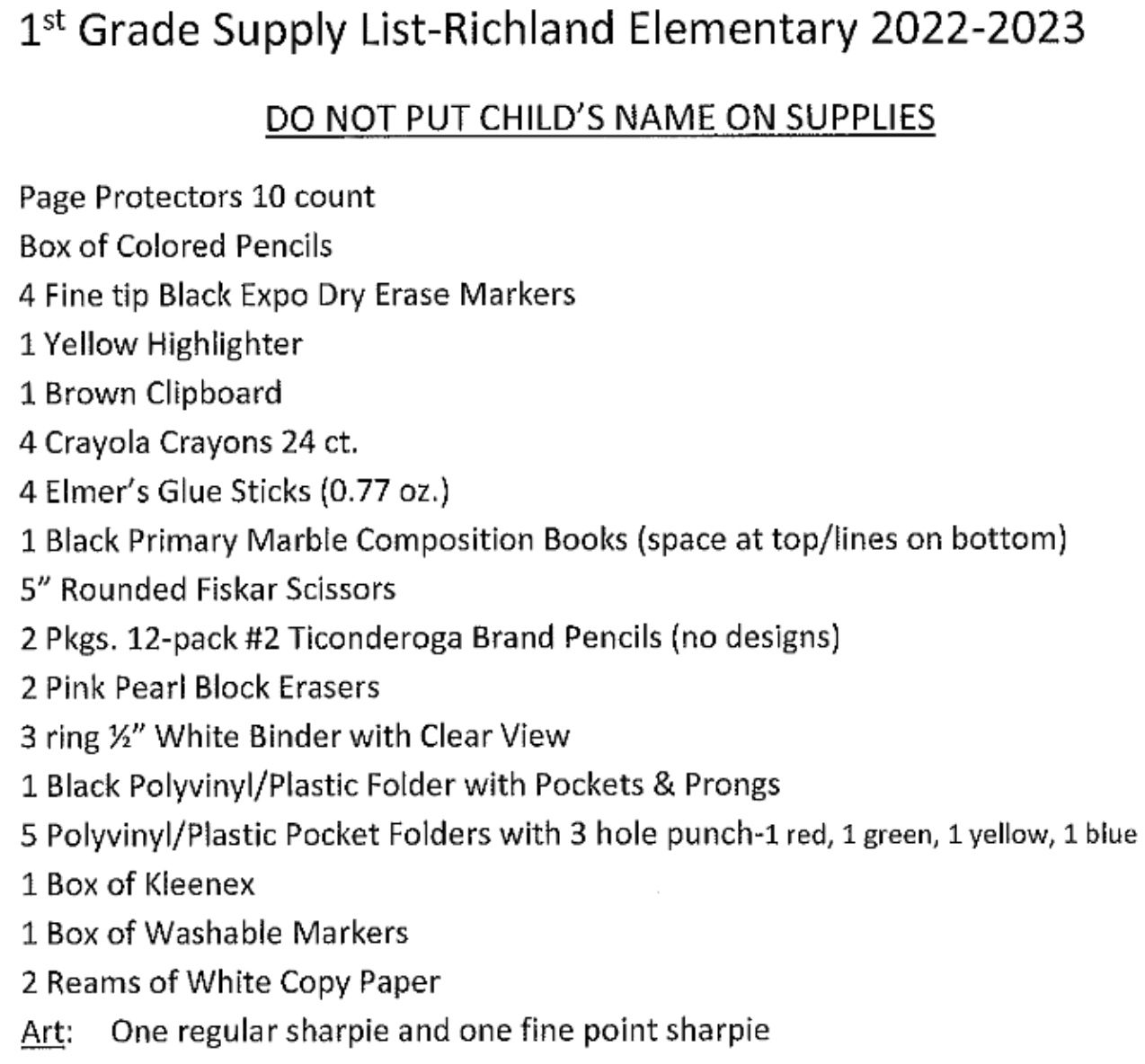 1st grade supply list 1st grade supply list